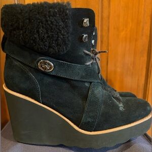 Coach Black Suede and Sherpa Wedge Boots Size 7.5/8